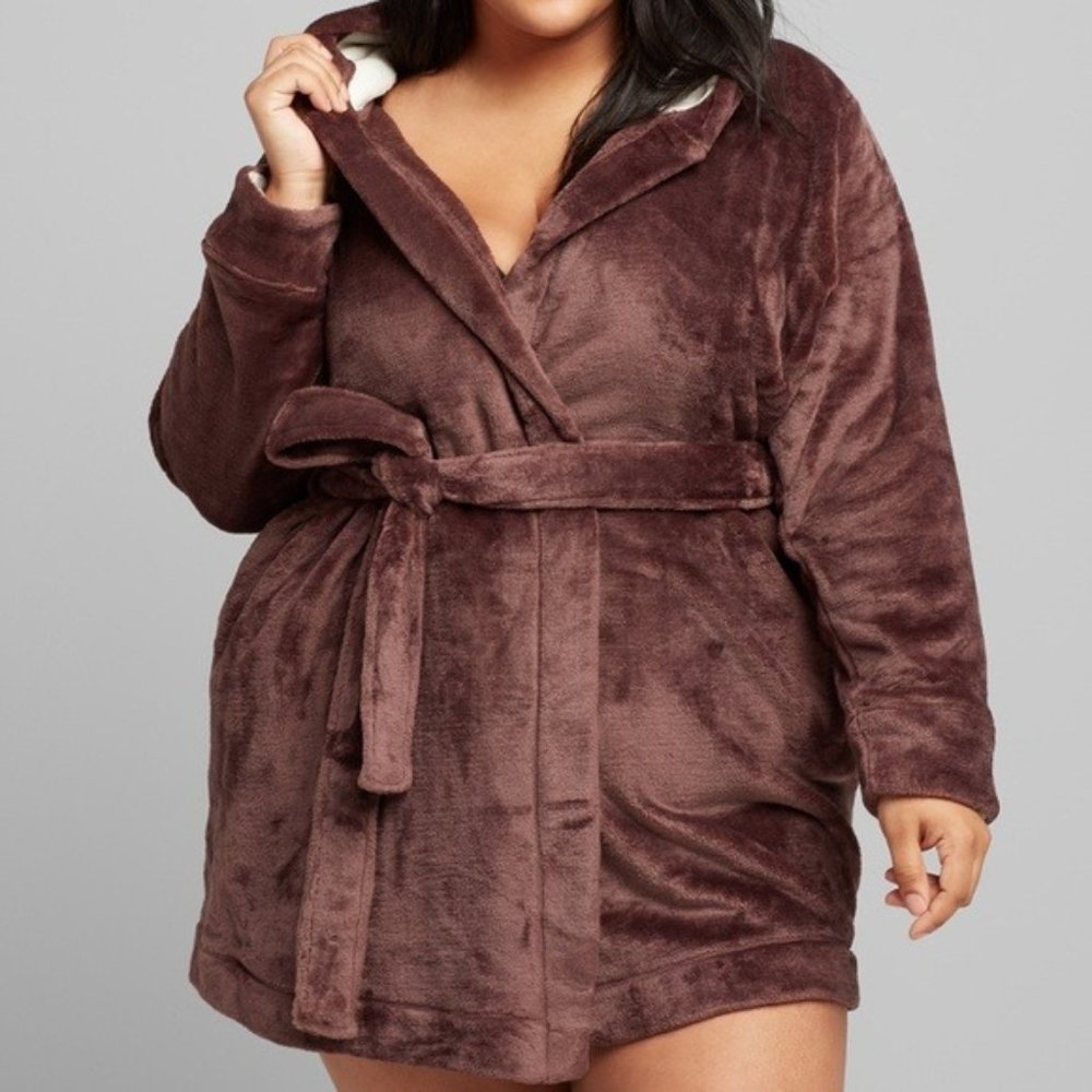 Lane Bryant Cacique Sleep 1X Robe  Sparrow Brown Soft Hooded Fleece 14/16 NEW